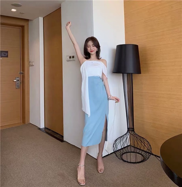 Sét áo dây+ chân váy xanh nhún eo phong cách tiệc tùng mùa hè tưoi mới