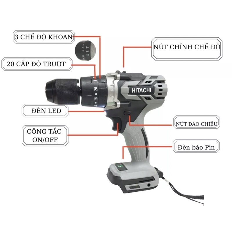 THÂN Máy Khoan Pin Makita De.Walt HTC không chổi than Đầu 13mm Autolock 3 chức năng Có Búa
