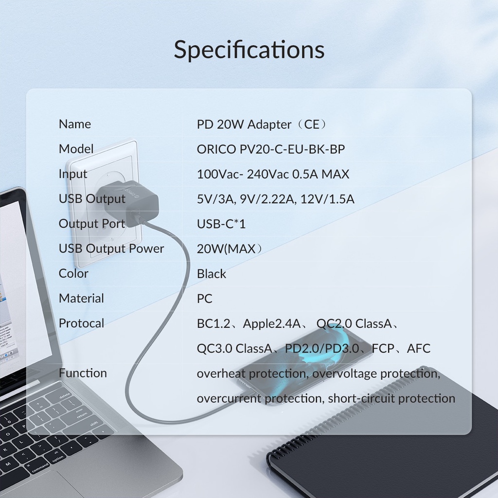 Củ sạc nhanh Orico Pd 20w Pv20-C cổng cắm Type-C Usb C dành cho Iphone 12 / 12 Mini / 12 Pro / 12 Pro Max Samsung