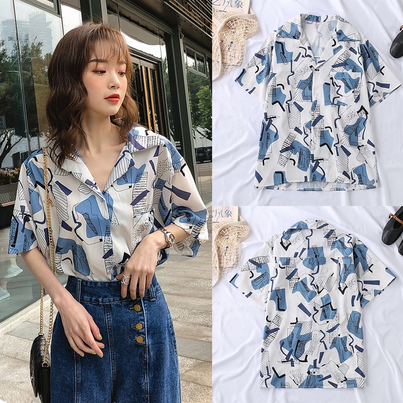 Áo chiffon ngắn tay họa tiết phong cách Retro thời trang cho nữ