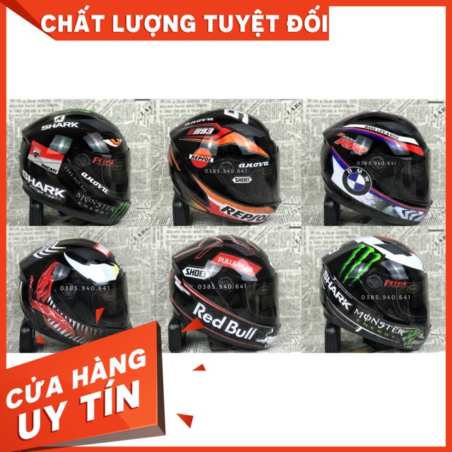 Mũ Fullface 1 kính Đen bóng LÊN TEM CỰC ĐẸP, bao dán tem, Bảo hành 12 tháng