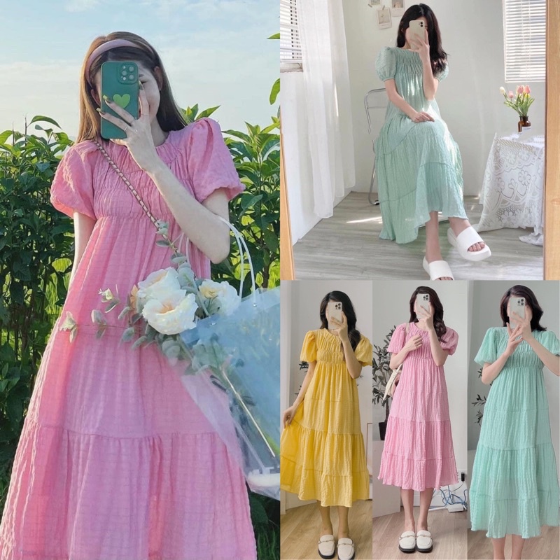 [Ảnh thật/Video]Váy babydoll Yona dáng dài tông màu nổi bắt mắt phong cách nhẹ nhàng Đầm voan tơ nhún bèo