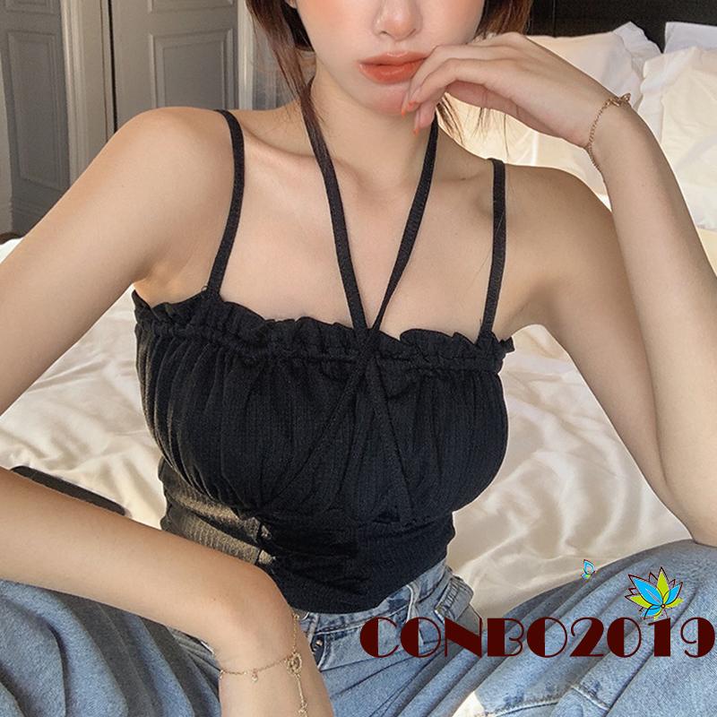 Áo hai dây Cổ Thuyền Hở Rốn Màu Trơn Thời Trang Gợi Cảm Cho Nữ