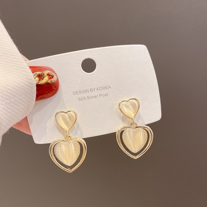 Bông Tai Nữ Đính Đá Opal Nhân Tạo, Khuyên tai Nữ Tạo Hình Trái Tim Thời Trang V2.32