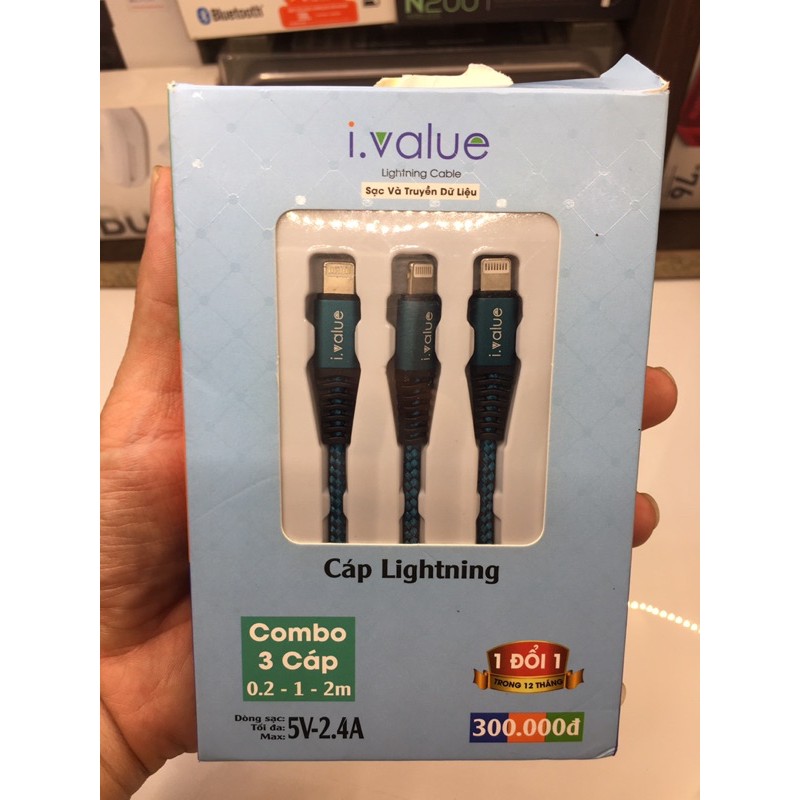Combo 3 cáp sạc điện thoại ivalue 0.2m,1m,2m đầu Micro, IP, Type-C