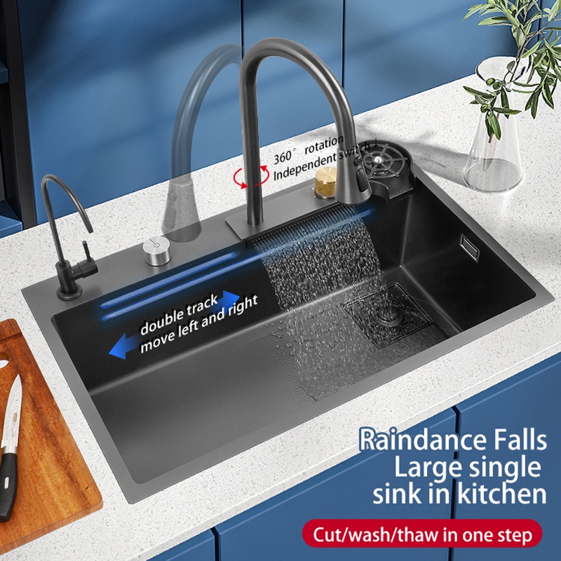 Chậu Rửa Bát Một Hố Lớn Schmidt 75x46 Inox 304 Mạ Nano Đen Kết Hợp Vòi Rút + Thác Nước - Bảo Hành 2 Năm