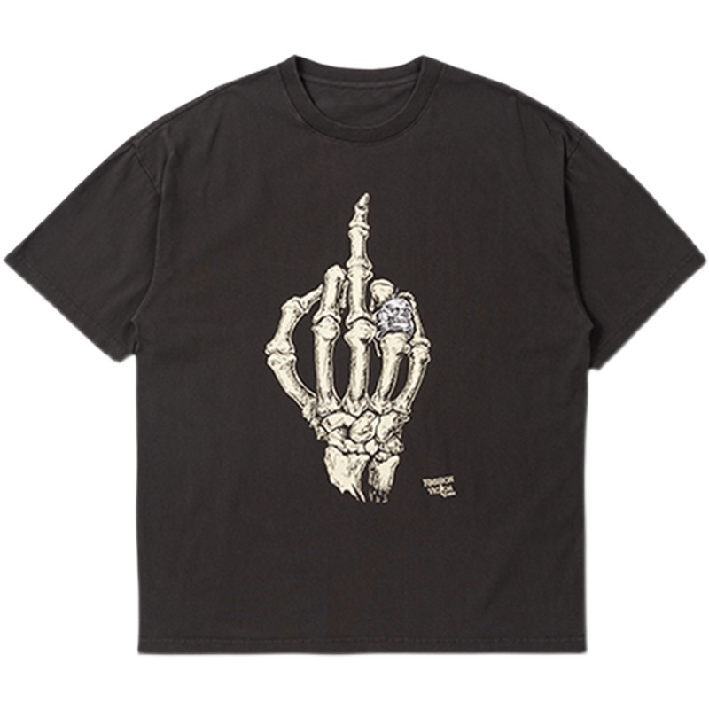 Fog AMIRI Street Wear GALLERY DEPT Áo Thun Tay Ngắn Cổ Tròn Dáng Rộng In Hình Xương Bàn Tay Phong Cách Đường Phố Cho Nam