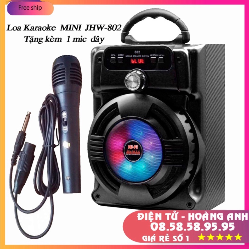 Loa karaoke kẹo kéo không dây Mini JHW801+802 kết nối bluetooth tặng kèm mic có dây, âm thanh chất lượng, mic bắt giọng