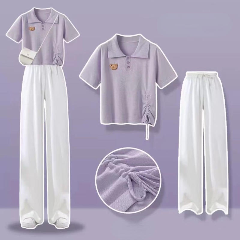 Set Áo Thun polo Ngắn Tay + Quần Dài Ống Rộng Thời Trang Nữ