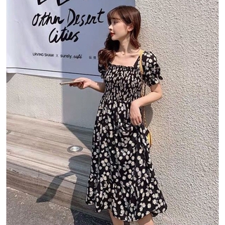 Đầm maxi cổ vuông tay ngắn in hình hoa cúc phong cách hàn quốc cho nữ