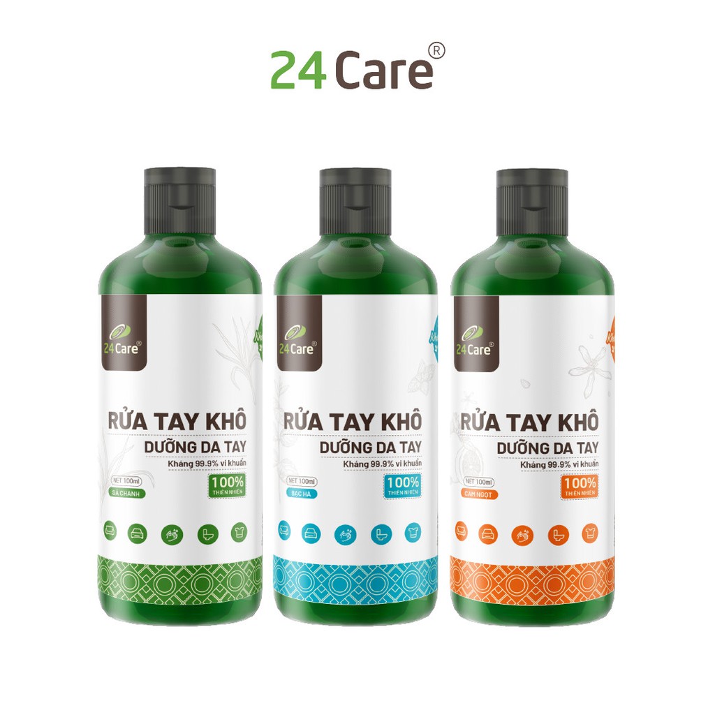 Bộ 3 Nước rửa tay khô tinh dầu Sả - Cam - Bạc Hà 24Care 100ML– diệt khuẩn 99,9%