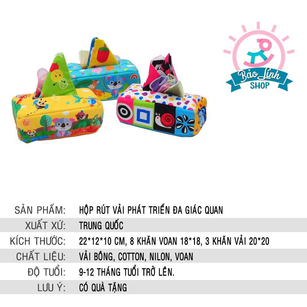Đồ chơi sơ sinh cho bé  9-12 tháng - Hộp rút vải phát triển ĐA GIÁC QUAN , thị giác, thính giác, xúc giác