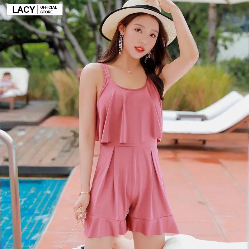 Bikini kín đáo liền thân 1 mảnh áo 2 lớp có đệm mút dáng jumsuit liền quần trẻ trung LACY B058