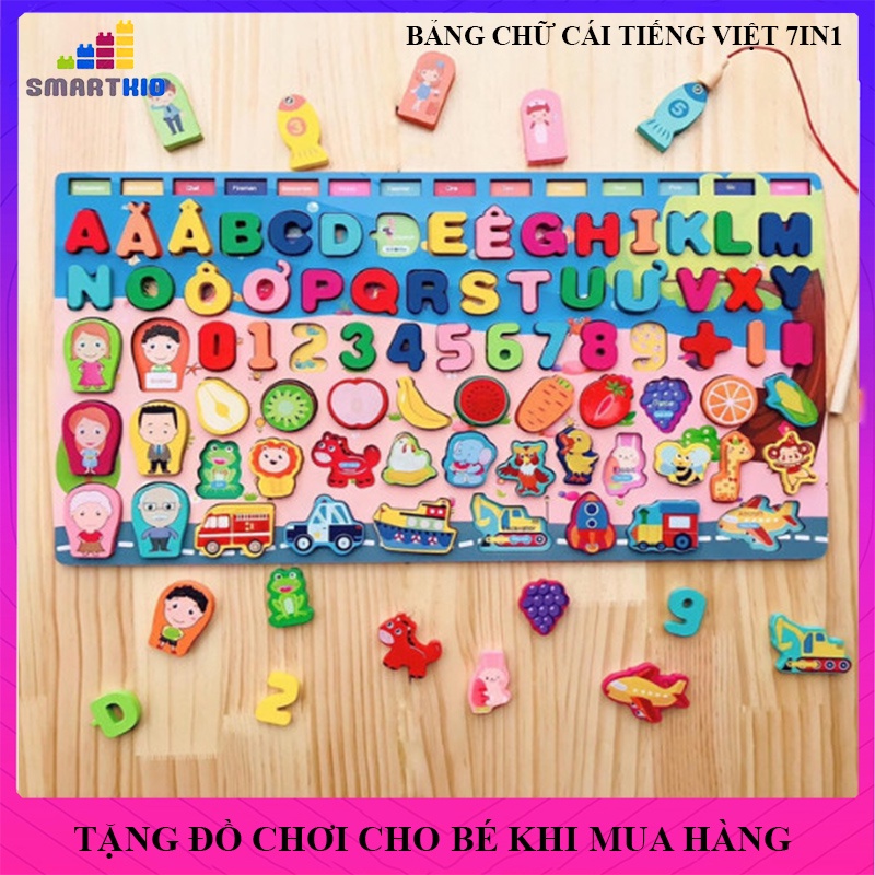 Bảng chữ tiếng Việt 7 trong 1 và 6 trong 1 bằng gỗ, đồ chơi trẻ em câu cá gỗ cho bé phát triển trí tuệ