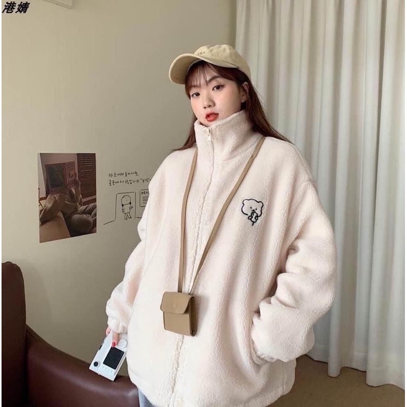 Áo Khoác Lông Cừu PICHI Ulzzang Dạo Phố Phong Cách Cổ Cao- Áo Lông Kéo Khoá Thêu Logo Unisex Hàn Quốc