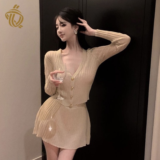 Set Áo cardigan Tay Dài Cổ Chữ V + Chân Váy Lưng Cao Thời Trang Hàn Quốc Cho Nữ