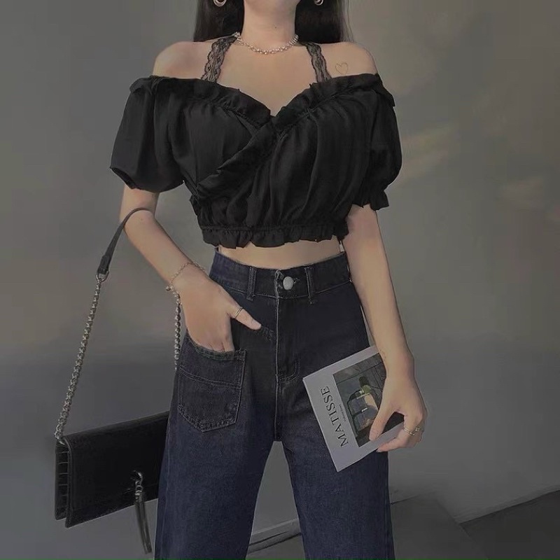 Áo kiểu croptop nữ đắp chéo phối ren, áo trễ vai tay phồng cổ bèo cá tính lạ mắt