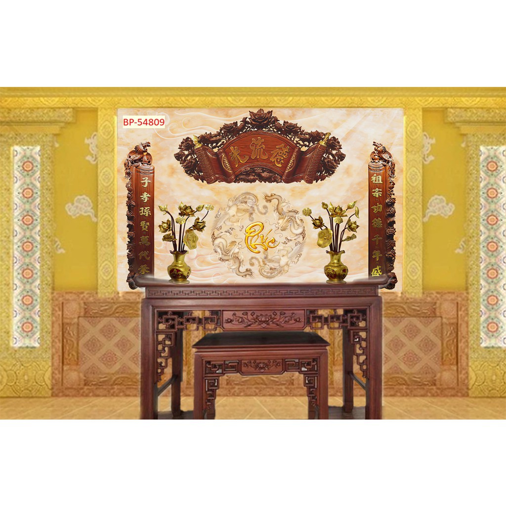 Tranh in ngũ quả hoành phi trang trí phòng thờ dán tường 3D  kích thước rộng 150 x 120