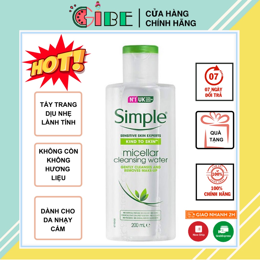 Nước Tẩy Trang Dịu Nhẹ Simple Kind To Skin Micellar Water 200ml - GIBE STORE