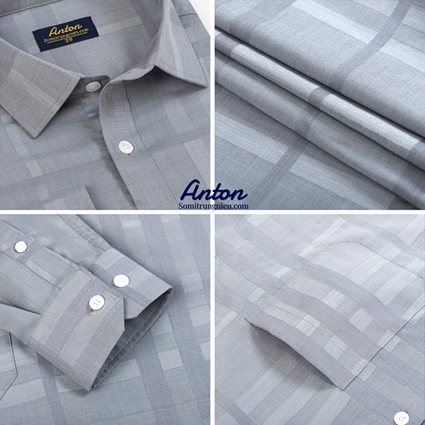 Áo Sơ Mi Nam Công Sở Trung Niên Thương Hiệu Anton Họa Tiết Chìm Kẻ Caro Màu Ghi Xám Dài Tay – YAT202
