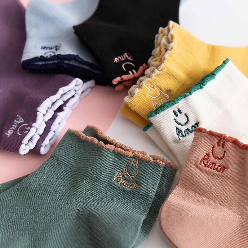 sét 10 đôi Tất nữ ngắn cổ bèo họa tiết mặt cười phong cách Hàn Quốc trẻ trung năng động - T042