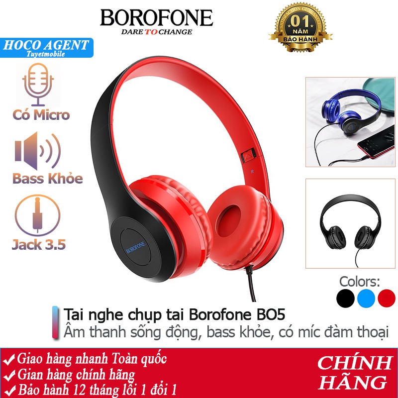 Tai nghe chụp tai Borofone BO5 headphone nghe hay, dây dài 1.2m, có mic đàm thoại, Jack cắm 3.5mm - Chính hãng