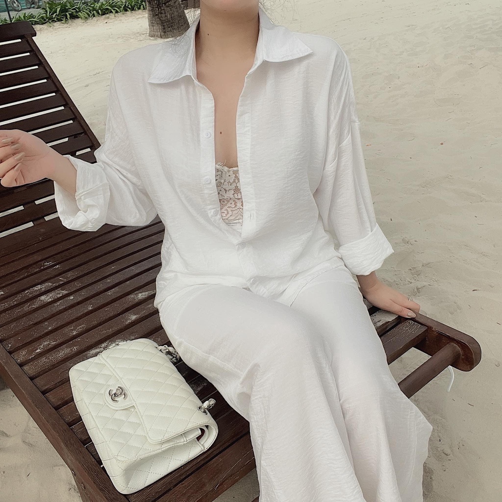 Set áo sơ mi TRẮNG dài tay kèm quần ống rộng chất thô đũi mát mịn phong cách ulzzang hàn quốc