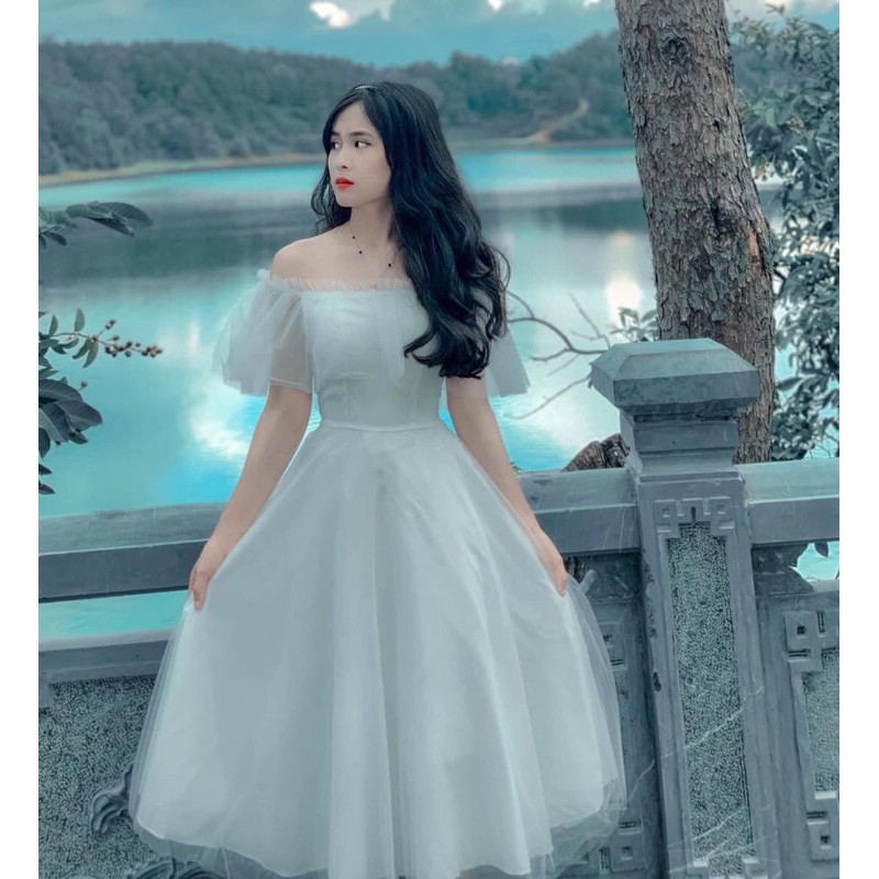 V42 VÁY TRẮNG THIẾT KẾ DỰ TIỆC, DẠ HỘI KỶ YẾU PROM, ĐẦM CÔNG CHÚA TRỄ VAI