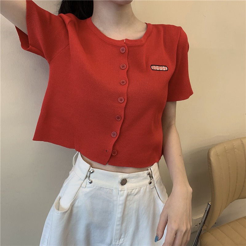 Áo cardigan ZHELIHANGFEI dệt kim ôm dáng tay ngắn phối một hàng nút thời trang