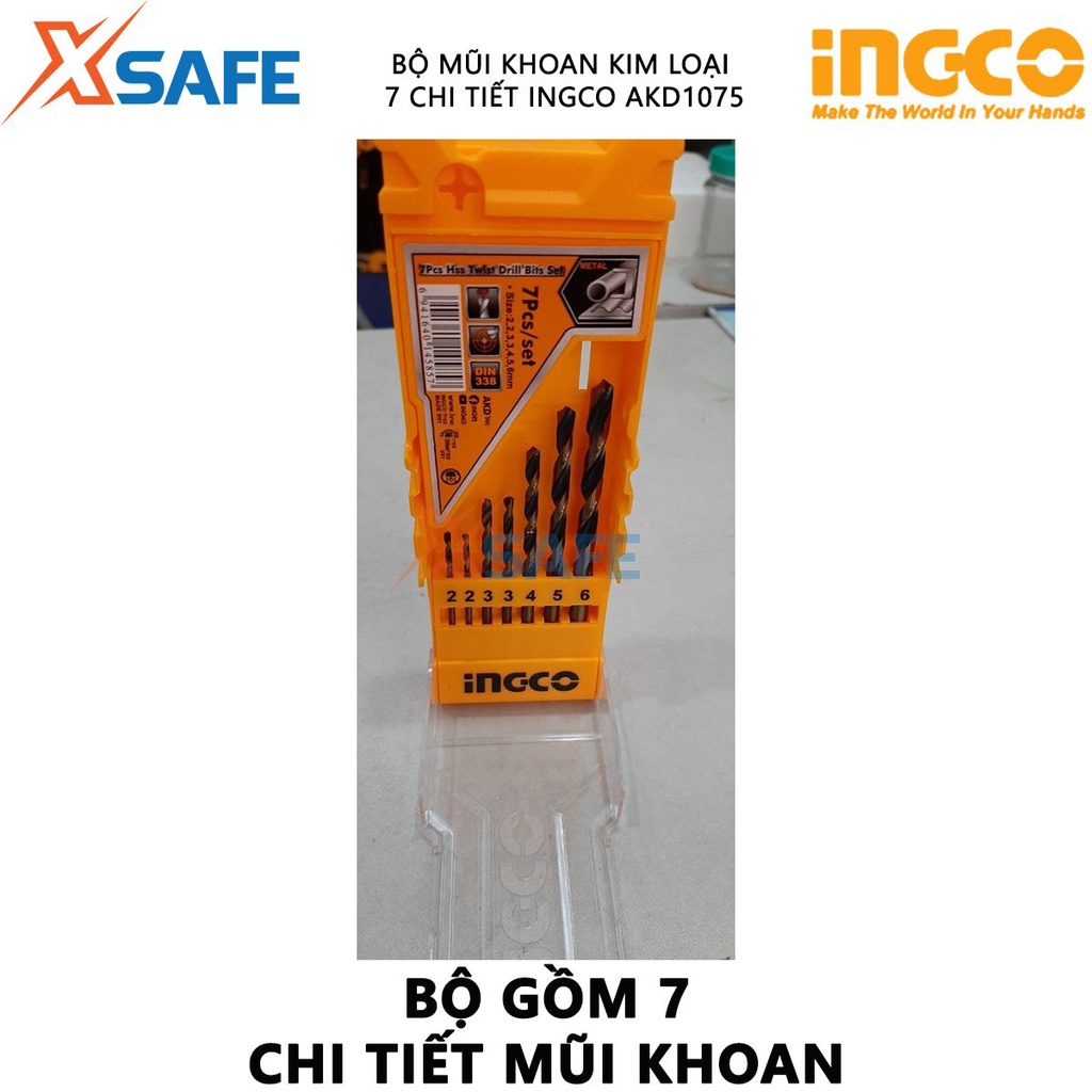 Bộ mũi khoan kim loại 7 chi tiết INGCO AKD1075 gồm các size 2,3,4,5,6,7,8 đóng gói trong hộp nhựa