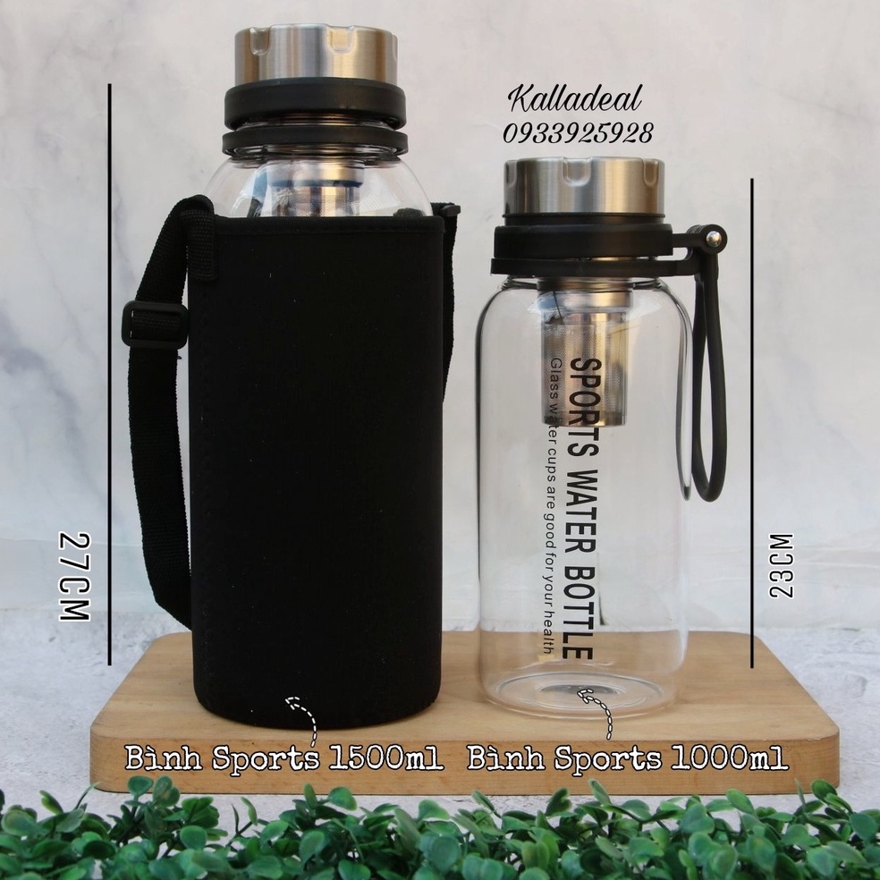 Bình Nước❤️FREESHIP❤️Thủy Tinh 1000ML-1500ML Thể Thao Kèm Túi Glass