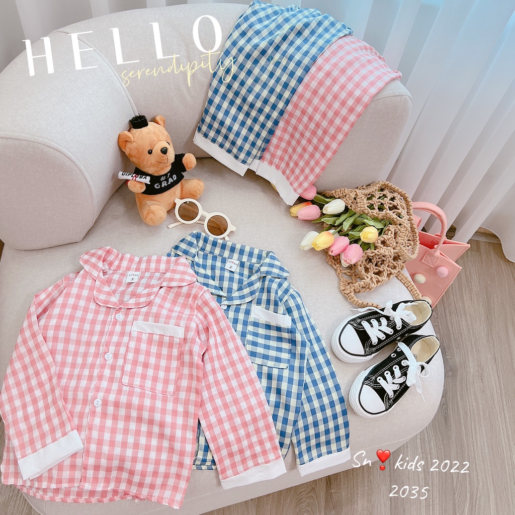 Bộ pijama cho bé, pijama kẻ caro chất vải mềm mướt họa tiết gấu sau lưng cho bé trai, bé gái