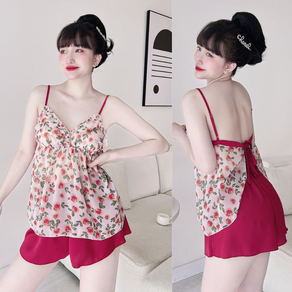 Đồ ngủ nữ mút ngực MIKY,  Đồ ngủ sexy lụa Chiffon phối Satin cao cấp mềm mại xinh xắn &lt; 63KG