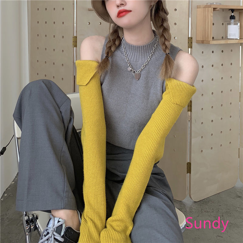 Áo Croptop Dệt Kim Tay Dài Trễ Vai Màu Tương Phản Phong Cách Hàn Quốc