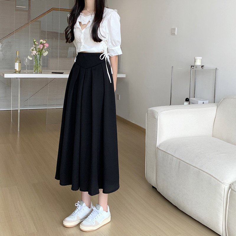 Chân váy dài xếp ly dài qua gối + Bản eo to , Váy chất liệu kaki mềm + lớp lót trong dày dặn xinh xắn , MS 20