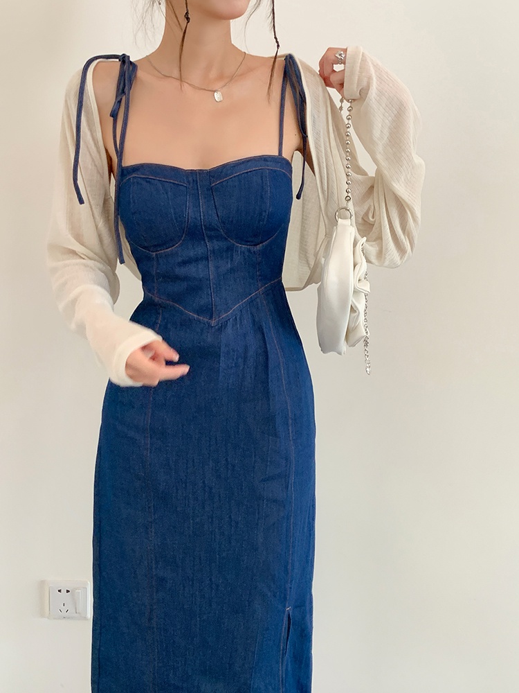 Đầm Denim / Áo Cardigan Hai Dây Xẻ Tà Phong Cách Mới 56034