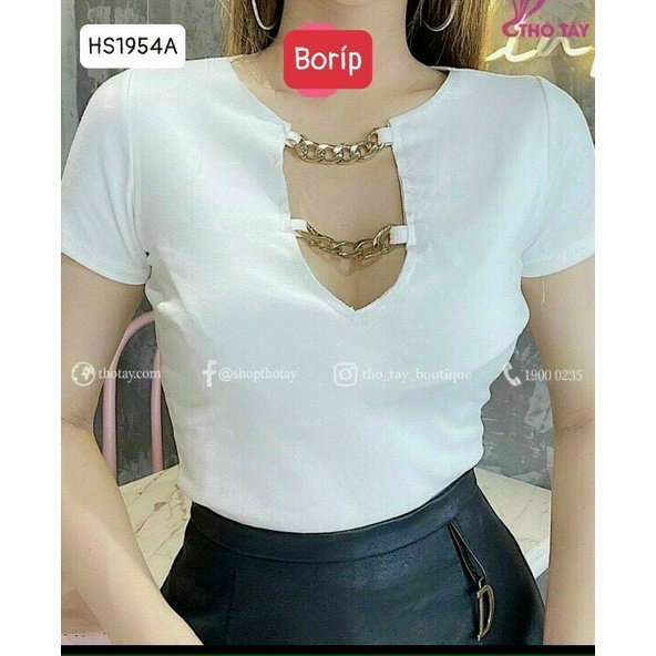 Áo kiểu croptop tay ngắn khoét núm cổ dây xích cực hot , chất thun bozip mềm mịn