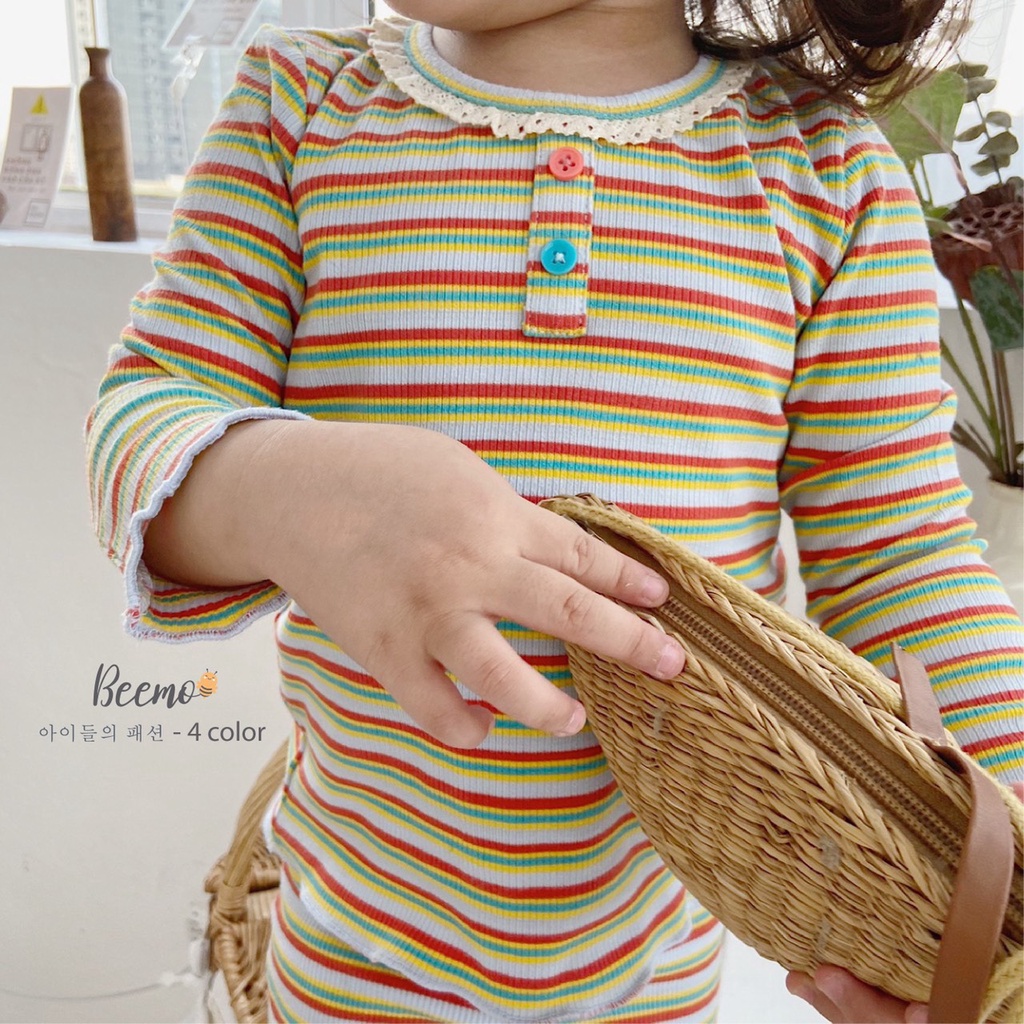 Bộ cotton kẻ ngang cá tính cho bé gái, bộ thu đông dài tay