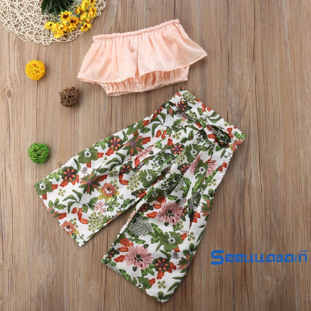 Set Áo Croptop+Quần Dài In Hoa Dễ Thương Cho Bé Gái