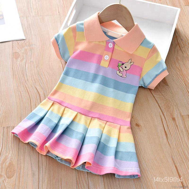 【thời trang trẻ em】Đầm Bé Gái Tay Ngắn Sọc Ngang Nhiều Màu
