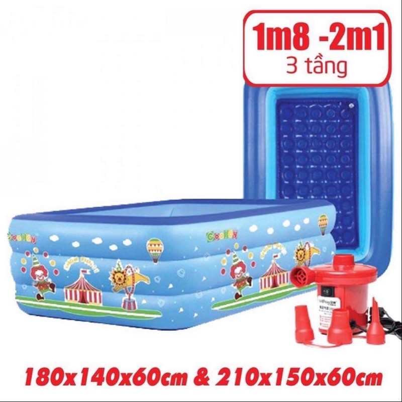 Bể bơi phao cho bé kích 1m8  và 2m1 - 3 Tầng, bể bơi bơm hơi có đáy chống trơn, tặng kèm bộ keo vá