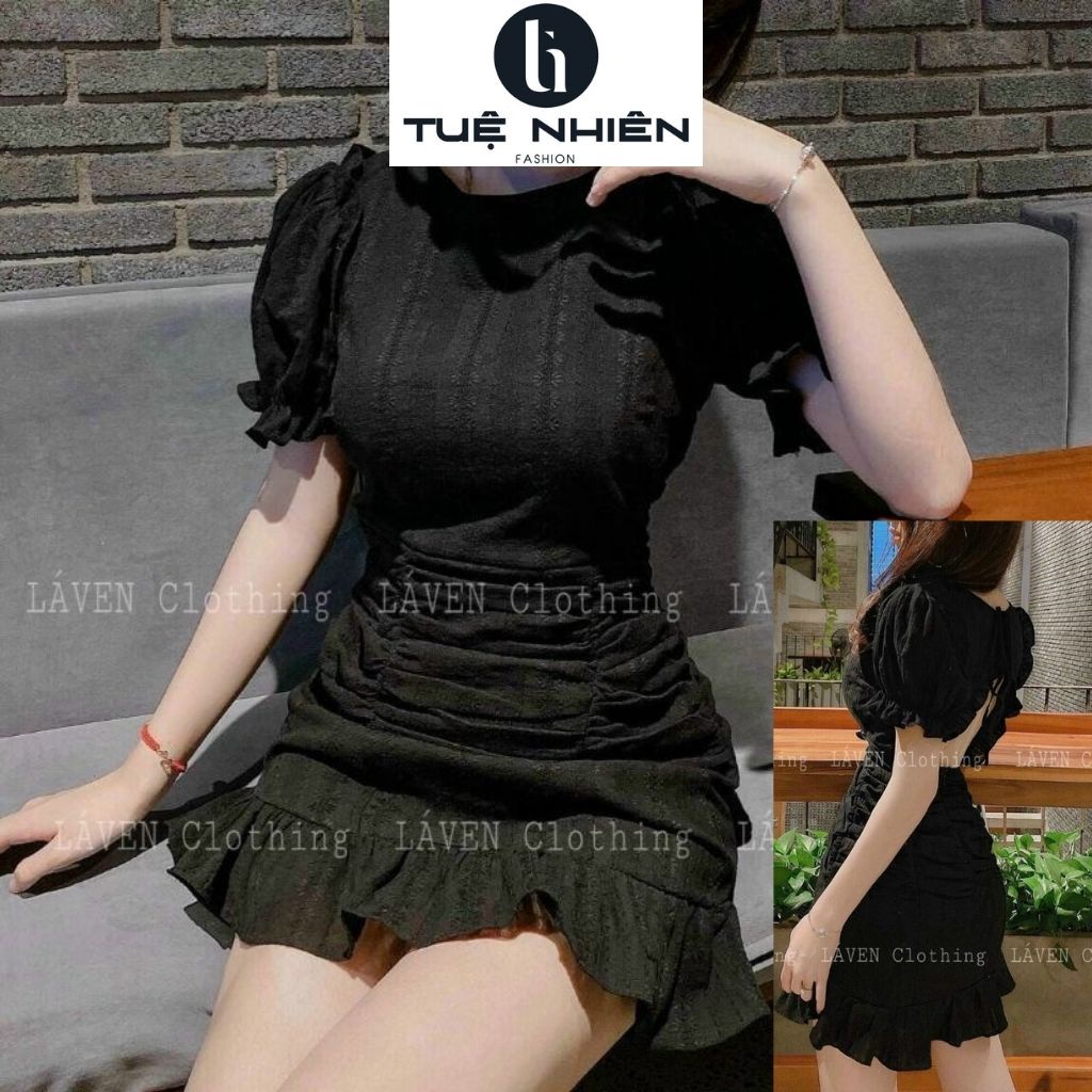 Váy body nhún eo, đầm hở lưng sexy tay ngắn có mút ngực - Tuệ Nhiên - Fashion