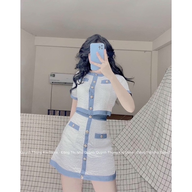 Set Áo Croptop Xốp Kèm Chân Váy Chữ A Viền Xanh Nút Tiểu Thư