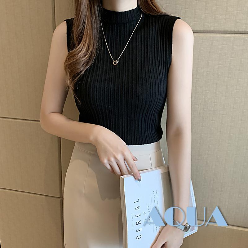 Áo Dệt Kim Sát Nách Cổ Cao Màu Trơn Thời Trang Mùa Hè Cho Nữ