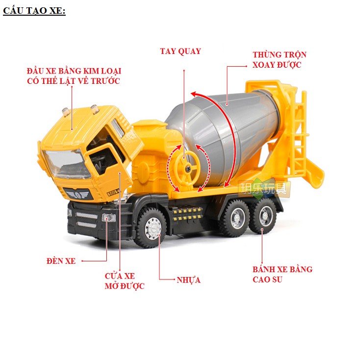 Xe chở bê tông mô hình tỉ lệ 1:50 bằng hợp kim và nhựa xe mở được cửa có âm thanh và đèn