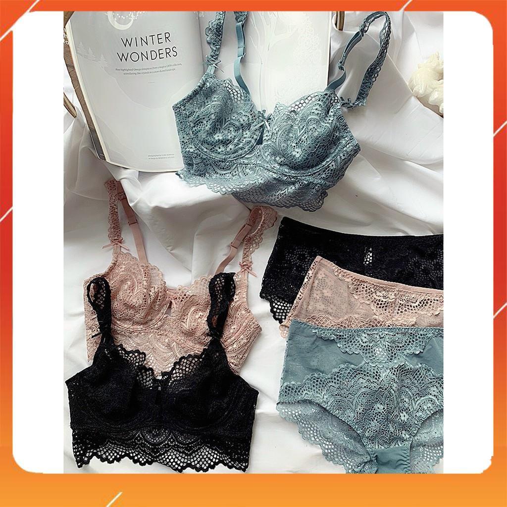 Set bộ đồ lót nữ ren áo có gọng, không mút dành cho các nàng có vòng 1 to hoặc đã nâng ngực, quần cạp cao, Mã B28392