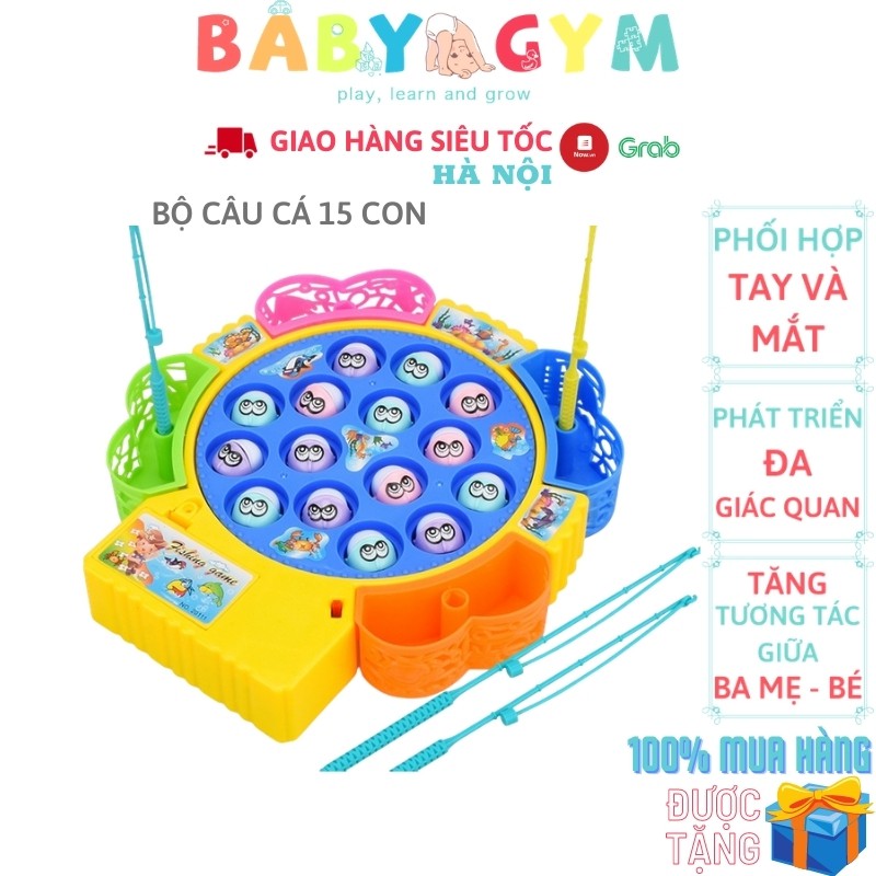 Đồ chơi câu cá cho bé bằng nhựa, nhiều màu, có nhạc, tặng kèm pin - Bộ 15 con cá - BABYGYM