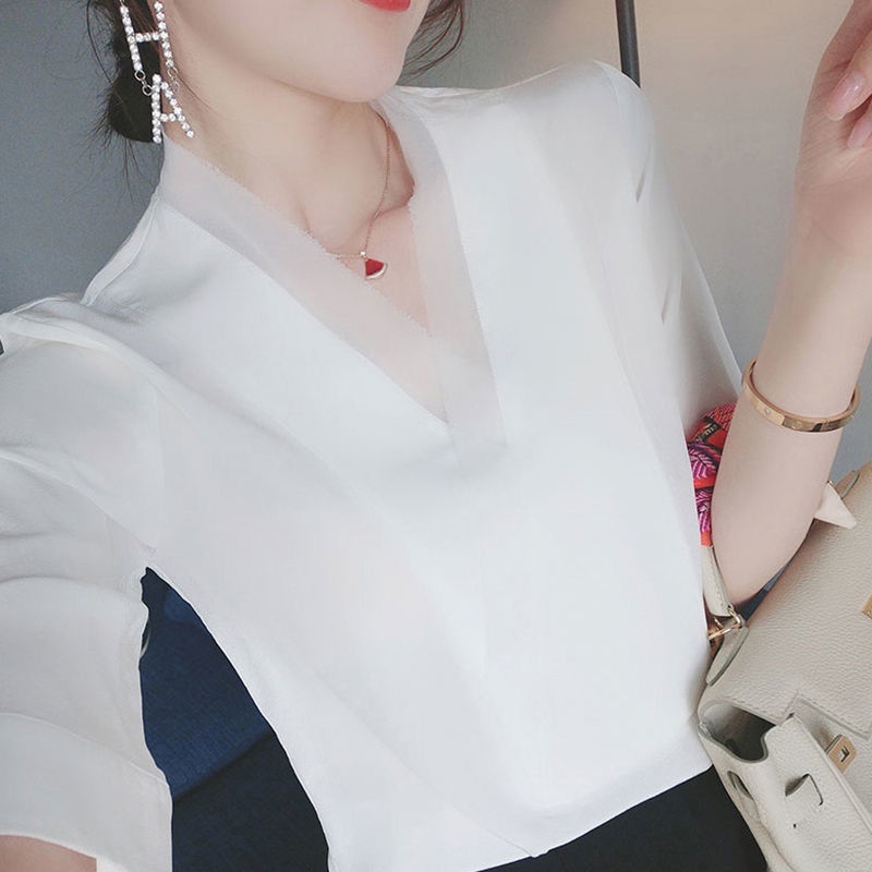 Áo Sơ Mi Chiffon Tay Lửng Cổ Chữ v Dáng Rộng Thời Trang Mùa Hè Cho Nữ K3AL