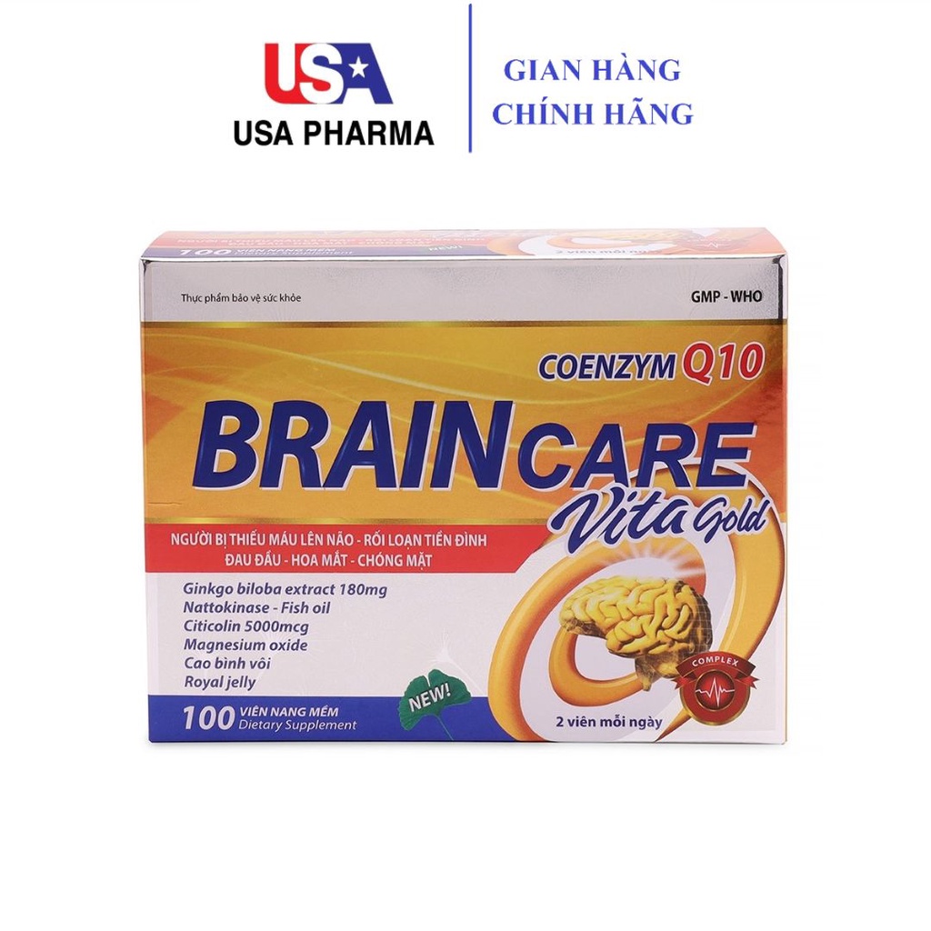 Hoạt huyết dưỡng não BrainCare Ginkgo Biloba nattokinase - 100 viên [BRAIN CARE VITA GOLD vàng]