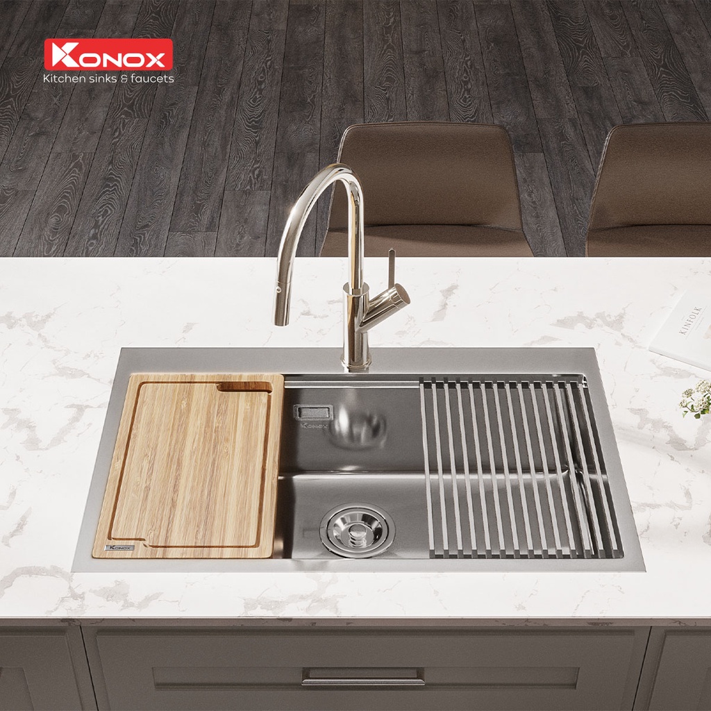 Vòi rửa bát rút dây KONOX Ponte Nickel, bề mặt xử lý mạ PVD Nickel 5 ớp, lõi hợp kim đồng 61% tiêu chuẩn Châu Âu CW617N